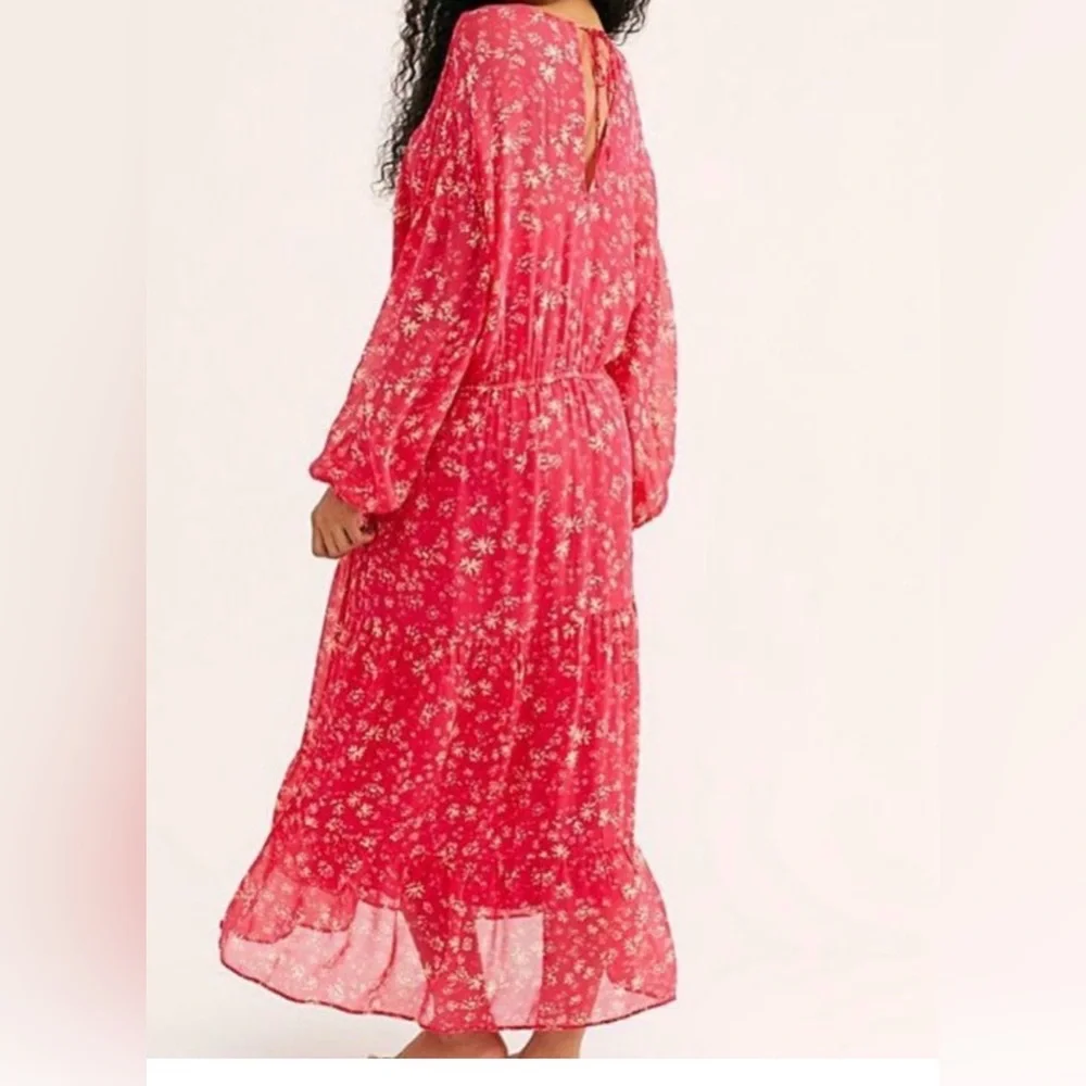 Free People Wallflower Tiered Midi Raspberry Red & Cream Floral Dress Sz M
